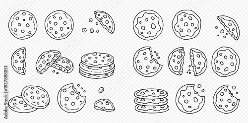 Set of hand-drawn chocolate chip cookies in various states, whole, broken, and stacked, in outline style.