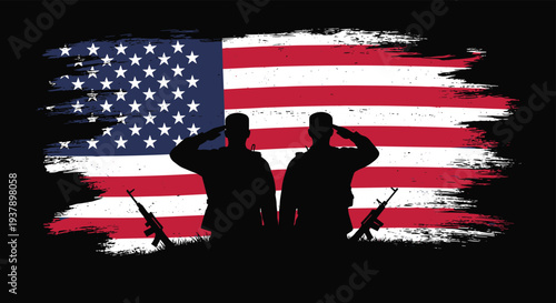 Two American soldiers saluting the United States flag with a textured painted effect on a solid black background for veterans.