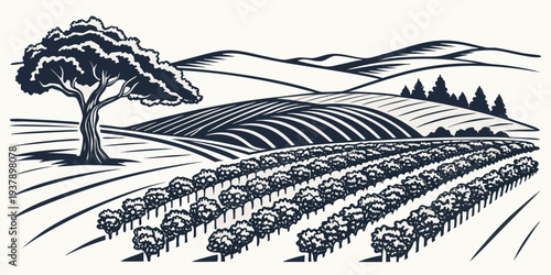 A serene landscape of rolling hills with a winding road and scattered trees. Vector