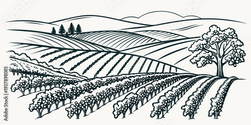 A serene landscape of rolling hills and a winding river under a clear sky Vector