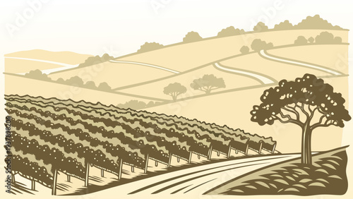 A serene landscape with a winding road and a solitary tree in the distance Vector