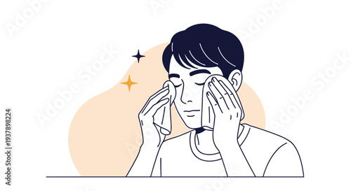 Man washing his face with a clean towel as part of a daily morning skincare and hygiene routine in a minimalist style.