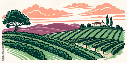 A picturesque landscape of rolling hills and farmland under a vibrant sunset sky. Vector