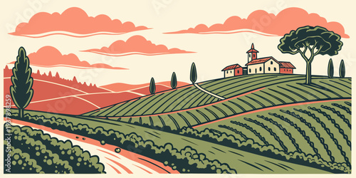 A picturesque landscape of rolling hills and a vibrant sunset Vector