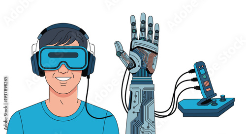 Man using a virtual reality headset connected to a high tech bionic robotic arm for futuristic simulation and gaming.