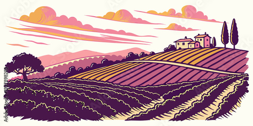 Vibrant sunset over rolling hills with silhouetted trees and distant mountains Vector