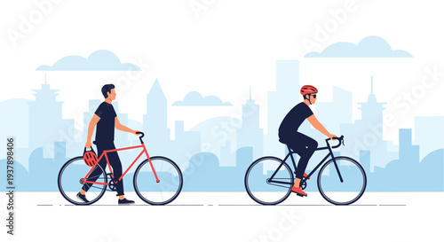 Urban commuters using bicycles in a modern city with one person walking and another riding against a blue cityscape.