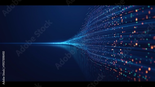 Digital binary code data stream on dark blue background, digital signature with colorful dots and lines, artificial intelligence concept vector background