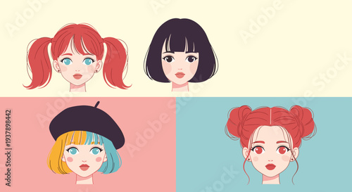 Set of four diverse anime girl faces with different hairstyles and colors presented on a colorful blocked background.
