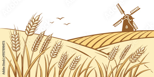 A picturesque countryside scene with a windmill and a bird in flight Vector