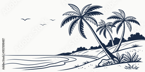 A serene beach scene with palm trees and a calm ocean under a clear sky Vector