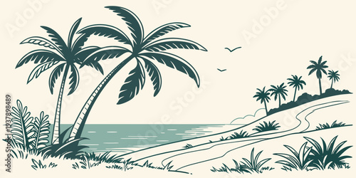 A serene beach scene with palm trees and a calm ocean under a clear blue sky. Vector