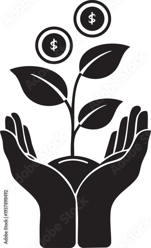 Hands nurturing plant with dollar coins, symbolizing financial growth