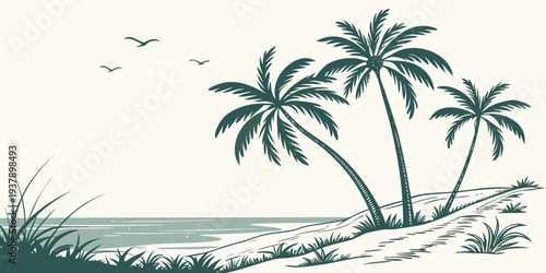 A serene tropical beach scene with palm trees and a clear blue sky Vector