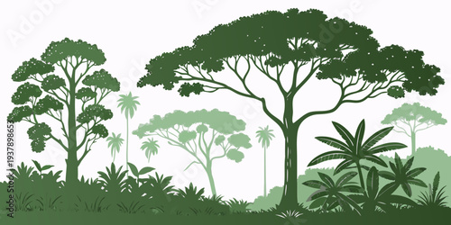 A serene forest landscape with tall trees and lush greenery under a clear sky Vector