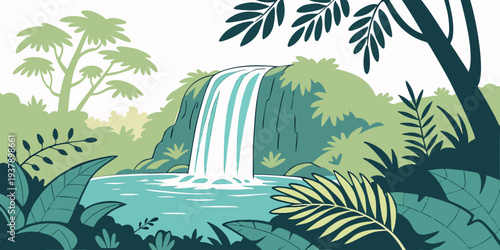 A serene tropical landscape with a waterfall and lush greenery Vector