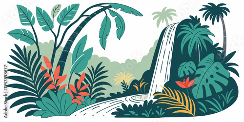Exotic tropical plants and animals in a lush, vibrant rainforest setting Vector