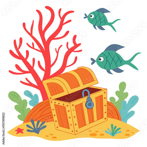A vibrant underwater scene with a treasure chest and colorful sea life Vector