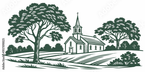 A serene countryside scene with a church and trees under a clear sky. Vector