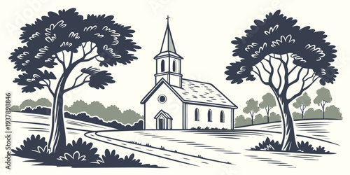 A serene countryside scene with a church and two large trees in the foreground. Vector