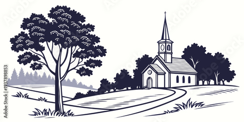 A peaceful countryside scene with a church and trees under a clear sky Vector