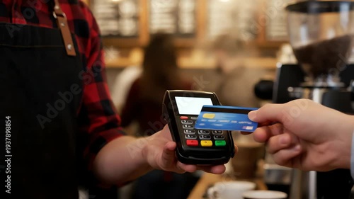 Person Holding Credit Card Near Payment Terminal in Coffee Shop With Red Plaid Shirt And Black Apron And Customer In Blurred Background