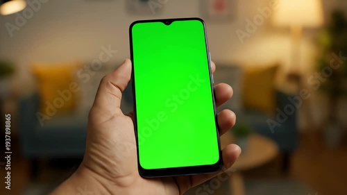 Person Holding Smartphone with Green Screen Display in Cozy Room with Lamp Casting Warm Light and Teal Sofa