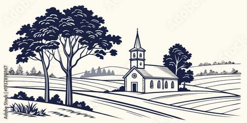 A serene countryside landscape with a church and trees in the background Vector