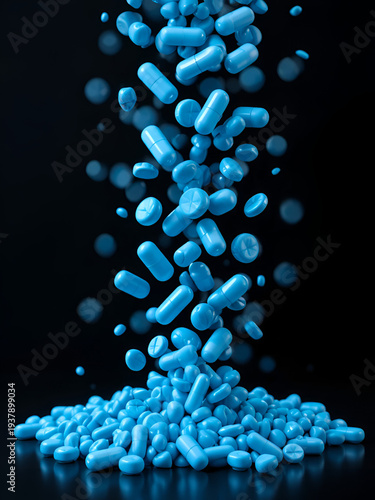 Blue falling 3D pills pouring, filling a screen isolated on a black background with luma matte. Candy, dragee