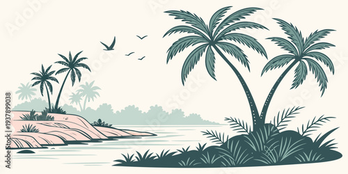 A serene tropical island scene with palm trees and a crescent moon Vector