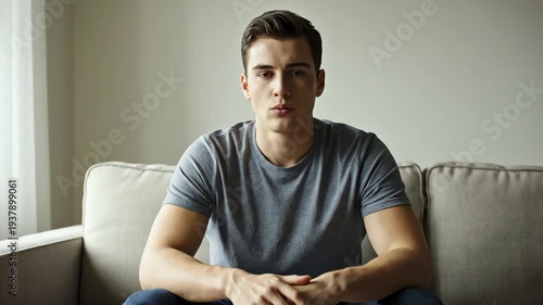 Portrait of a Calm Young Man Sitting on Beige Sofa with Hands Clasped Eyes Closed Wearing Blue T-shirt and Jeans in Natural Lighting