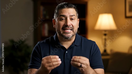 Portrait of a Focused Man Gesturing Indoors Wearing Dark Blue Shirt against Warm Background with Bookshelf Plant and Table Lamp