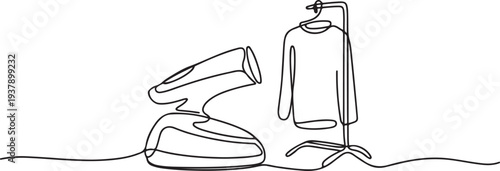 Portable garment steamer continuous line drawing. One line art of home appliance, garment care, ironing, steaming, dressing room.one line vector illustration with out background