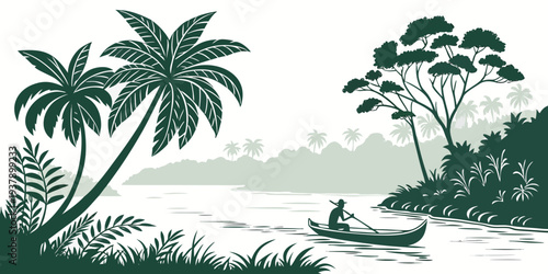 A serene tropical landscape with palm trees and a calm body of water Vector