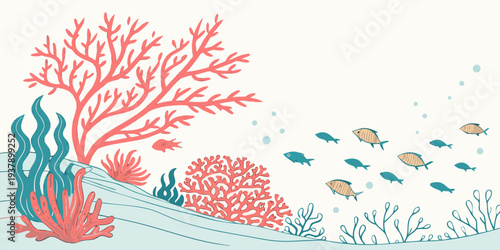 Underwater scene with vibrant coral, fish, and plants showcasing marine life diversity Vector