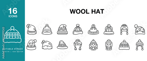Wool Hat icon set. Includes wool, hat, beanie, cap, winter, warm, knitted and More. Editable Stroke Icon Collection.