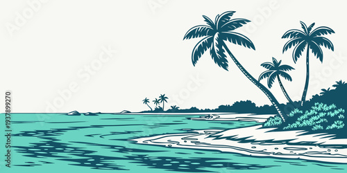 A serene tropical beach scene with palm trees and a calm ocean. Vector