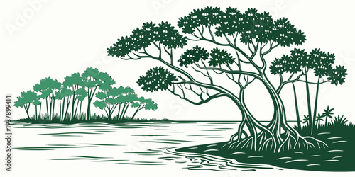 A serene landscape featuring a large tree with sprawling branches near a calm body of water Vector