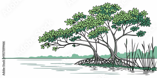 A serene tree standing on a small island in the middle of a calm body of water Vector