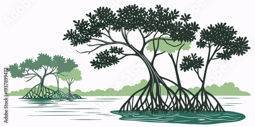 A serene landscape featuring a large tree on an island surrounded by smaller trees Vector
