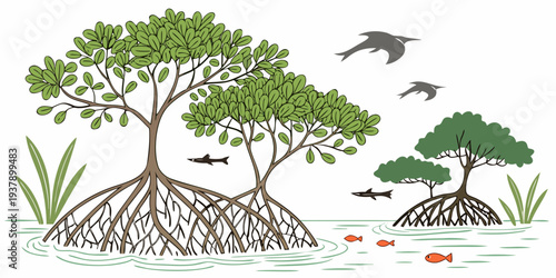 A serene tropical island scene with palm trees and birds in flight Vector