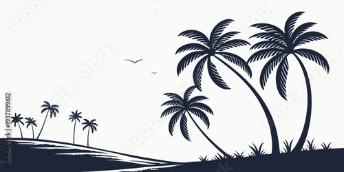 Silhouettes of palm trees against a sunset on a tropical island Vector