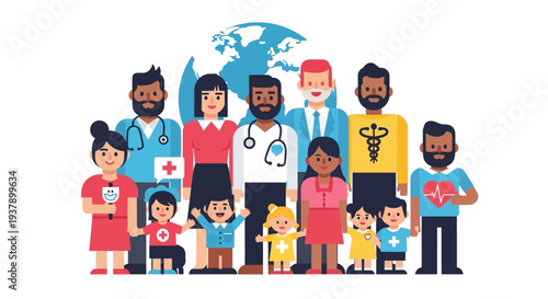 Diverse group of people including medical professionals and children standing together in a global community illustration
