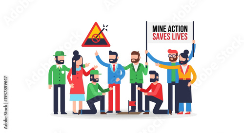 Diverse group of people protesting with Mine Action Saves Lives banner, holding signs and warning triangle
