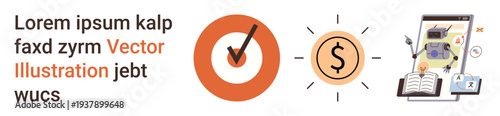 Business management, online learning, financial planning, digital tools, workflow optimization, educational content. Circular checkmark, dollar sign mobile devices books. Business management
