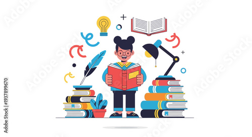 Illustration of a young student surrounded by stacks of books and educational symbols