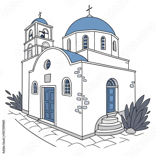A picturesque greek orthodox church with blue domes and white walls Vector