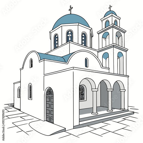A serene and picturesque church with blue domes and white walls Vector