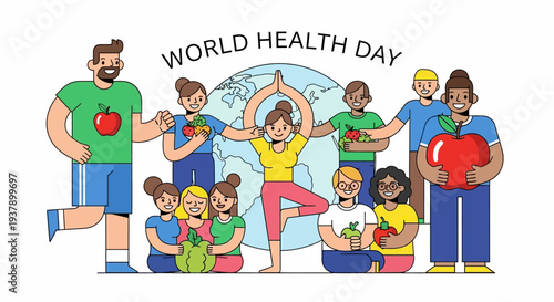 Diverse group of people exercising and celebrating World Health Day around the globe