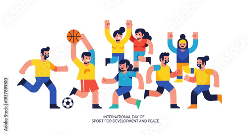 Diverse group of people celebrating sports day with various athletic activities in a vibrant illustration